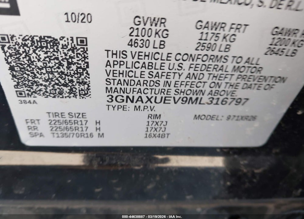 2021 CHEVROLET EQUINOX AWD LT VIN: 3GNAXUEV9ML316797