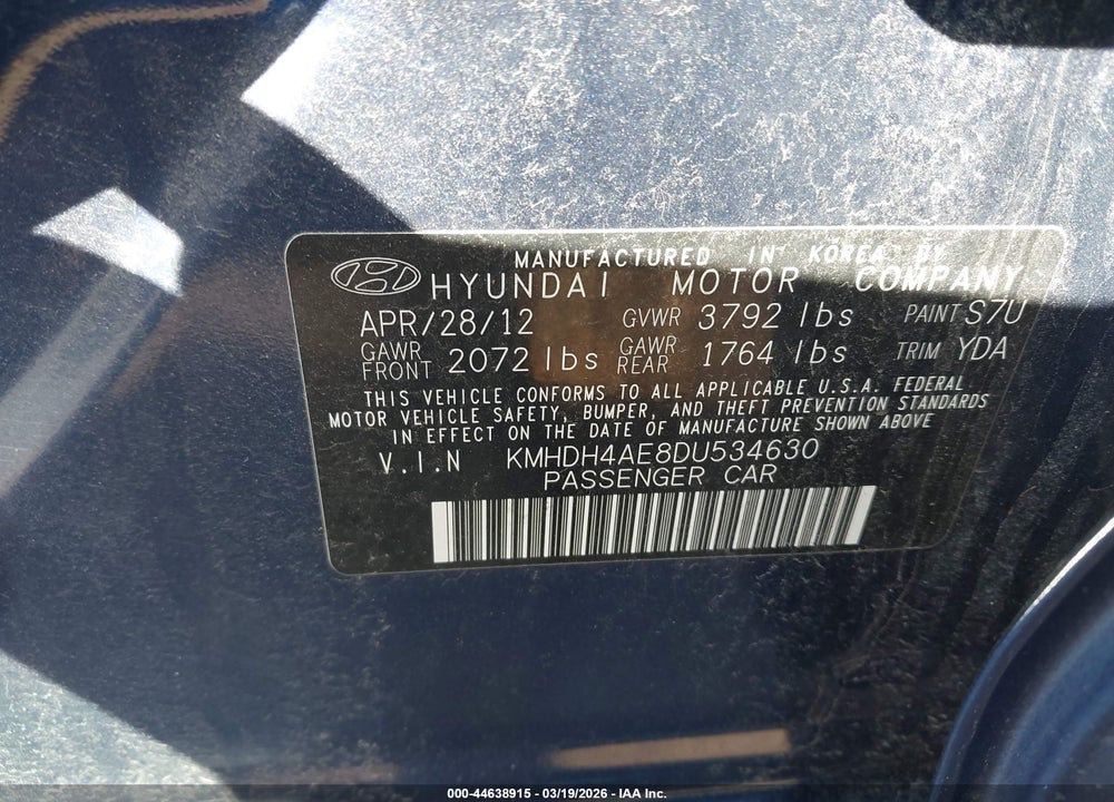 2013 HYUNDAI ELANTRA GLS/LIMITED VIN: KMHDH4AE8DU534630