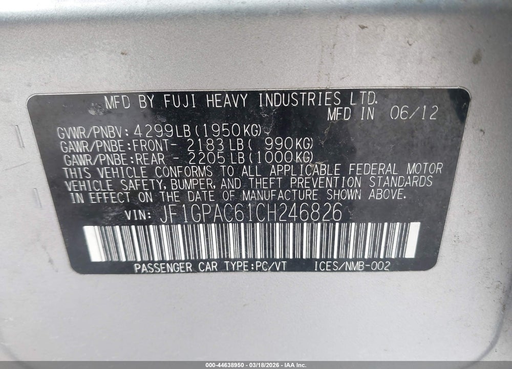 2012 SUBARU IMPREZA 2.0I PREMIUM VIN: JF1GPAC61CH246826