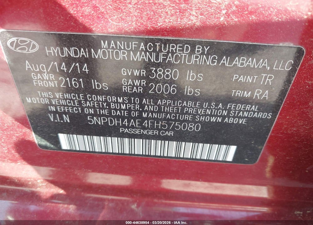 2015 HYUNDAI ELANTRA SE VIN: 5NPDH4AE4FH575080