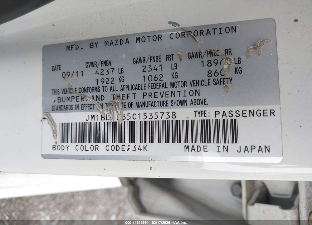 2012 MAZDA SPEED3 TOURING VIN: JM1BL1L35C1535738