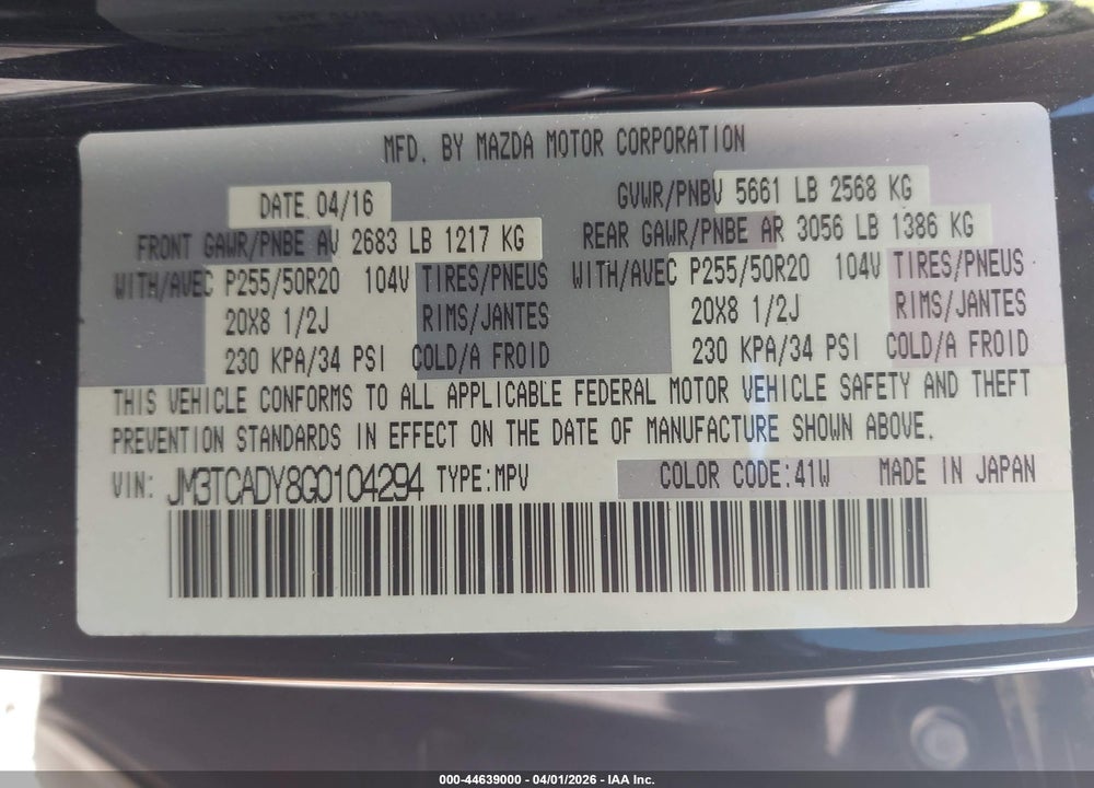 2016 MAZDA CX-9 GRAND TOURING VIN: JM3TCADY8G0104294