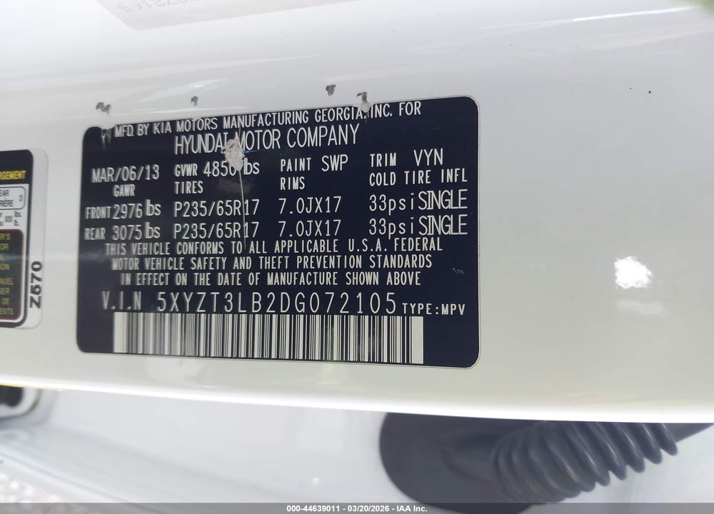 2013 HYUNDAI SANTA FE SPORT VIN: 5XYZT3LB2DG072105