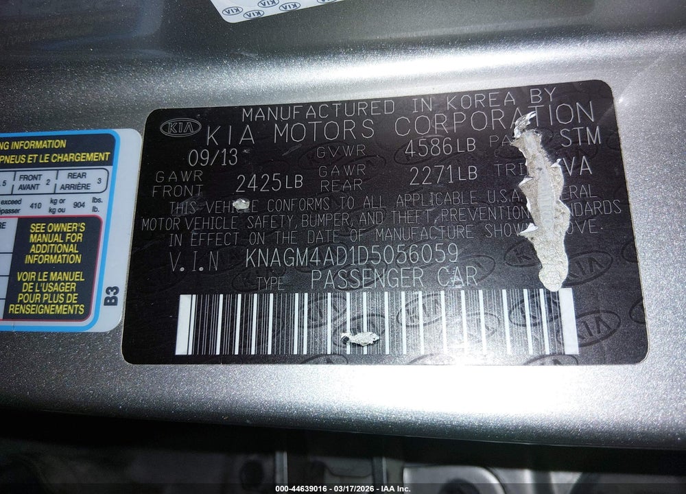 2013 KIA OPTIMA HYBRID LX VIN: KNAGM4AD1D5056059