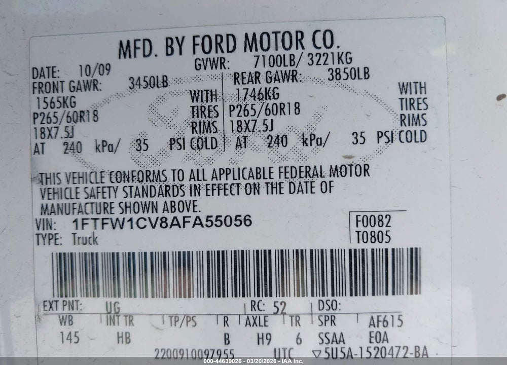 2010 HARLEY-DAVIDSON FORD F-150 FX2 SPORT//KING RANCH/LARIAT/PLATINUM/XL/XLT VIN: 1FTFW1CV8AFA55056