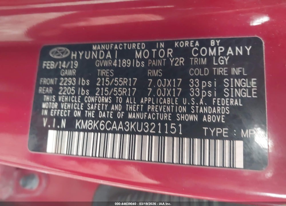 2019 HYUNDAI KONA SEL VIN: KM8K6CAA3KU321151