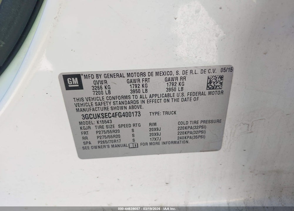 2015 CHEVROLET SILVERADO 1500 2LZ VIN: 3GCUKSEC4FG400173