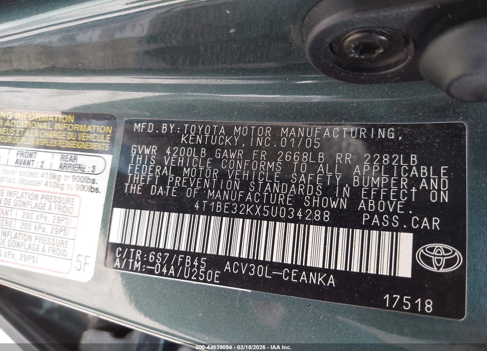 2005 TOYOTA CAMRY LE VIN: 4T1BE32KX5U034288