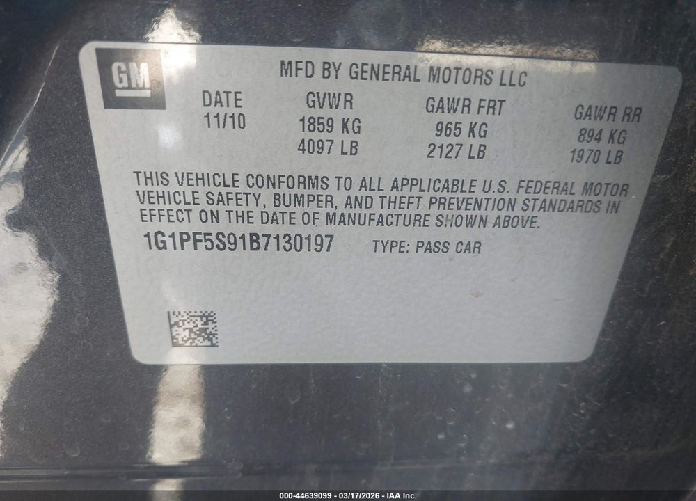 2011 CHEVROLET CRUZE 1LT VIN: 1G1PF5S91B7130197