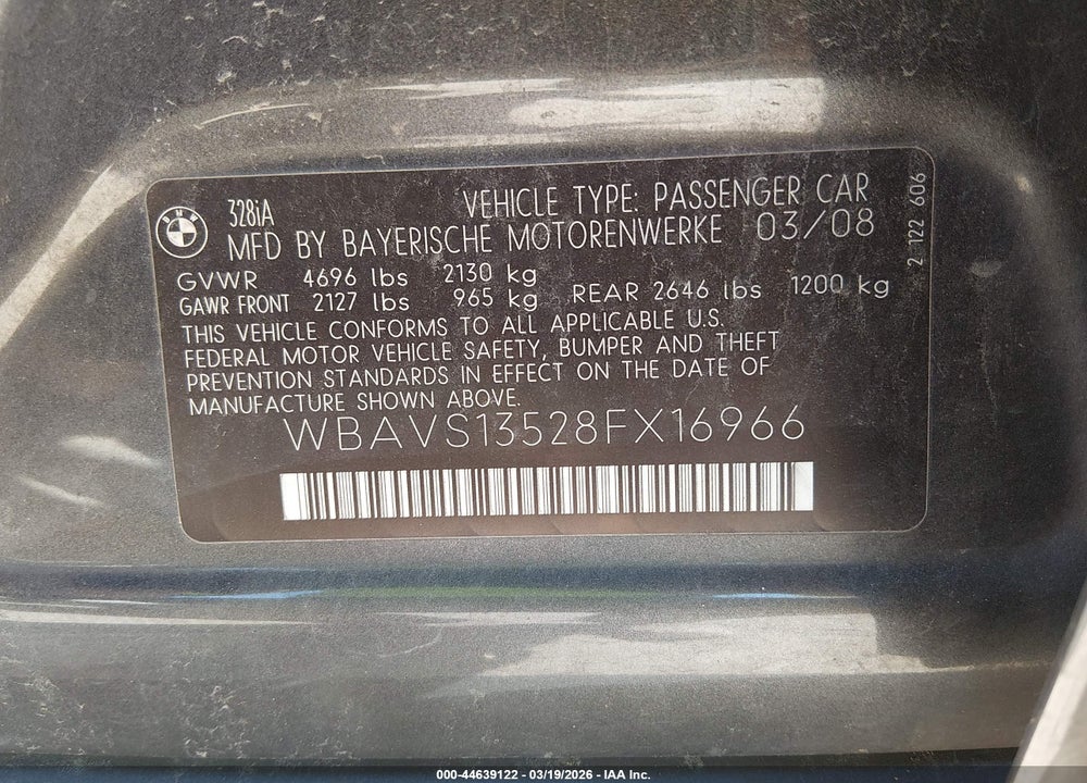 2008 BMW 328I VIN: WBAVS13528FX16966
