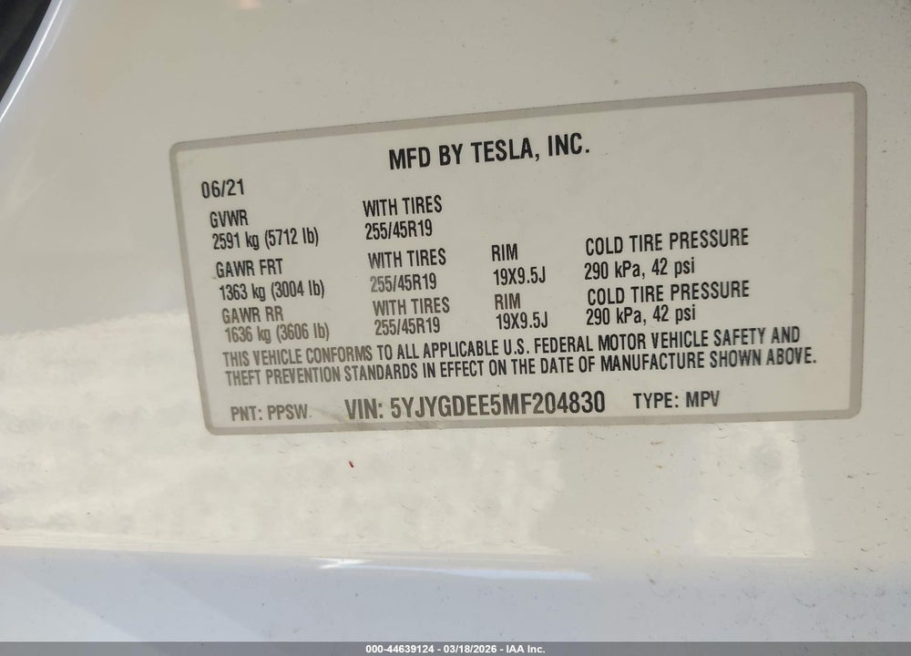 2021 TESLA MODEL Y LONG RANGE DUAL MOTOR ALL-WHEEL DRIVE VIN: 5YJYGDEE5MF204830