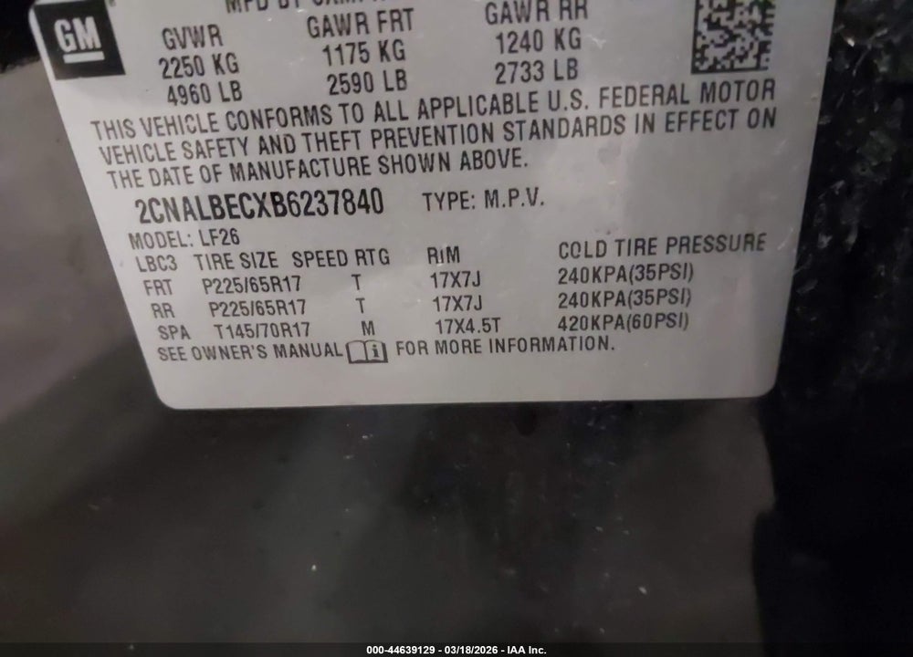 2011 CHEVROLET EQUINOX LS VIN: 2CNALBECXB6237840