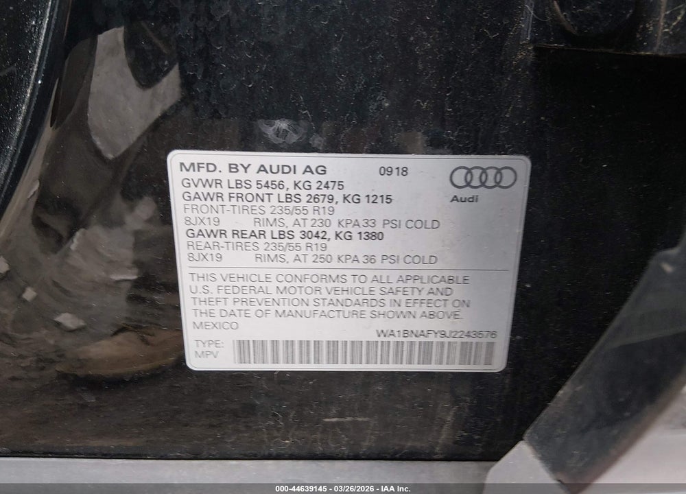 2018 AUDI Q5 2.0T PREMIUM/2.0T TECH PREMIUM VIN: WA1BNAFY9J2243576