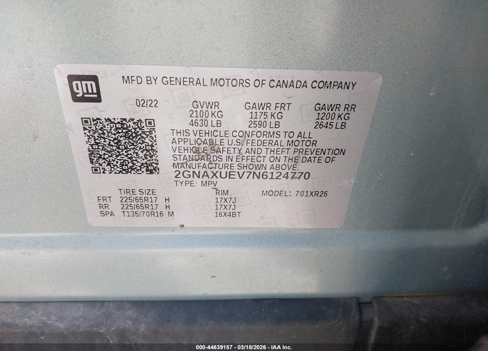 2022 CHEVROLET EQUINOX AWD LT VIN: 2GNAXUEV7N6124770