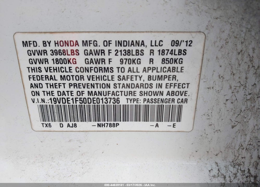 2013 ACURA ILX 2.0L VIN: 19VDE1F50DE013736