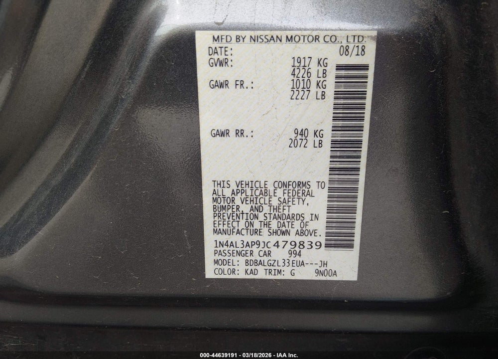 2018 NISSAN ALTIMA 2.5 S VIN: 1N4AL3AP9JC479839