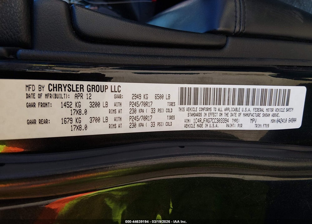 2012 JEEP GRAND CHEROKEE LAREDO VIN: 1C4RJFAG7CC303394