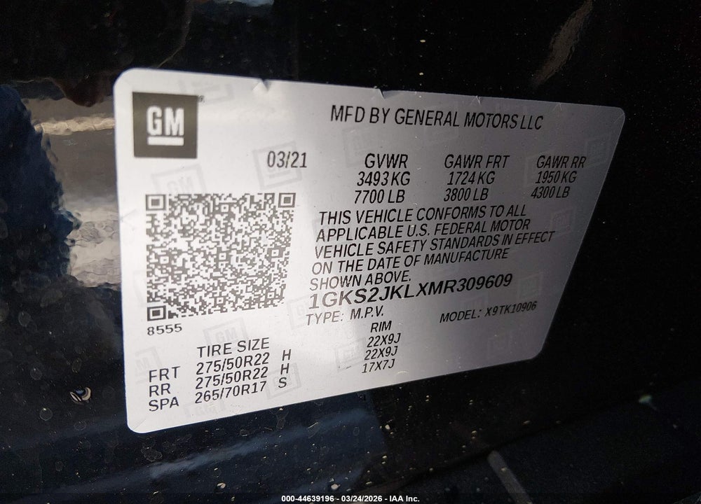 2021 GMC YUKON XL 4WD DENALI VIN: 1GKS2JKLXMR309609