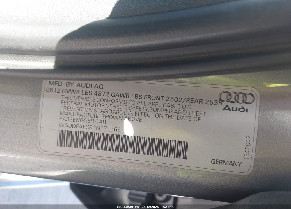 2012 AUDI A6 2.0T PREMIUM VIN: WAUDFAFC9CN171566