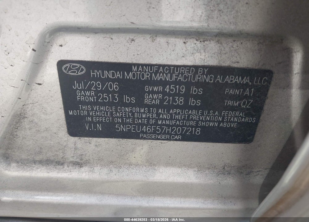 2007 HYUNDAI SONATA LIMITED/SE V6 VIN: 5NPEU46F57H207218