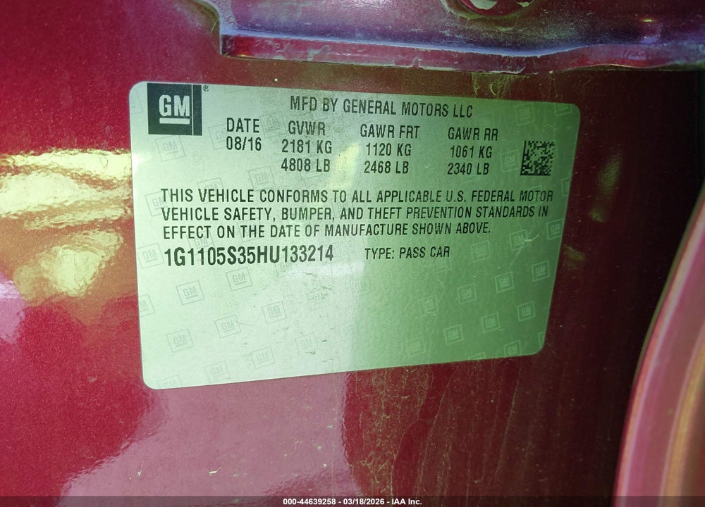 2017 CHEVROLET IMPALA 1LT VIN: 1G1105S35HU133214