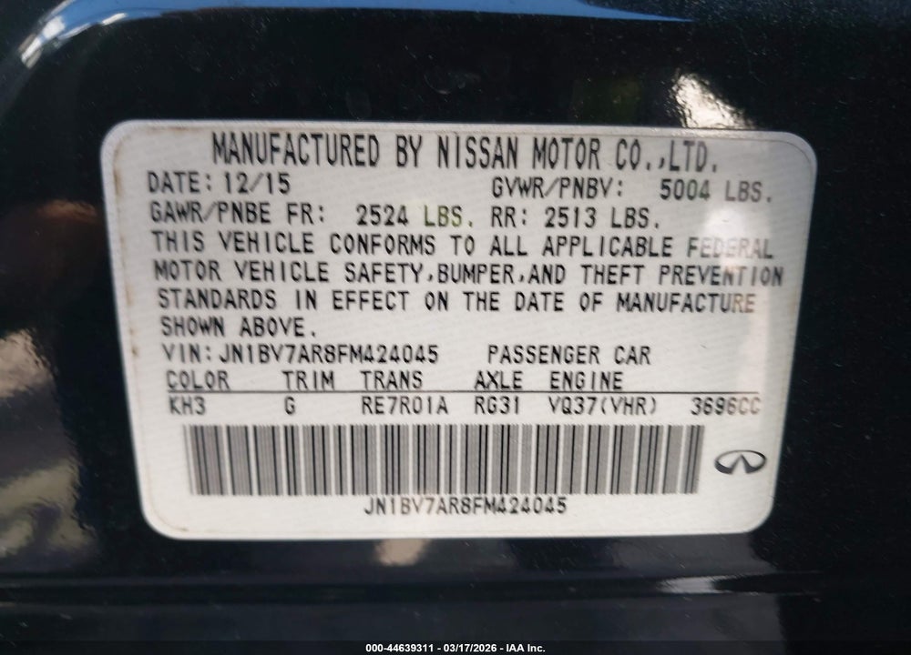 2015 INFINITI Q50 VIN: JN1BV7AR8FM424045