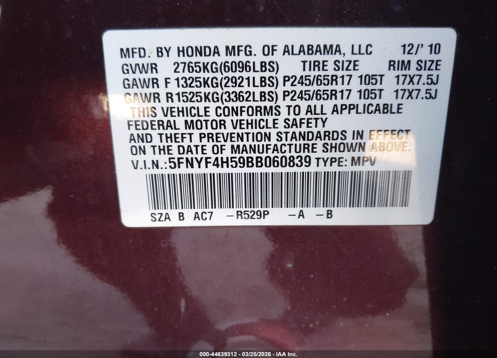 2011 HONDA PILOT EX-L VIN: 5FNYF4H59BB060839
