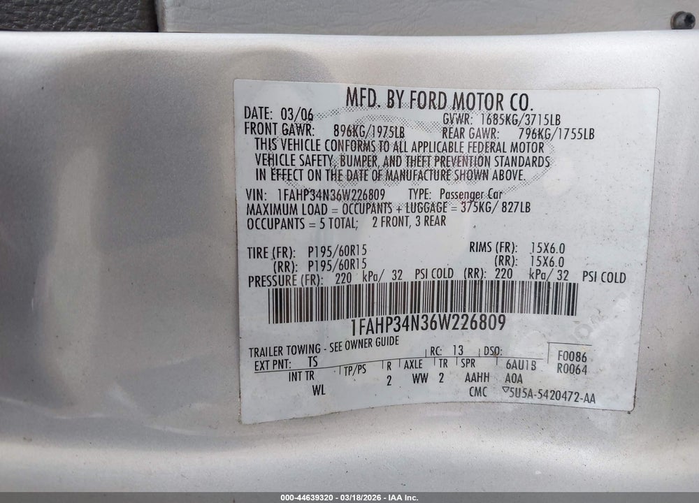 2006 FORD FOCUS ZX4 VIN: 1FAHP34N36W226809