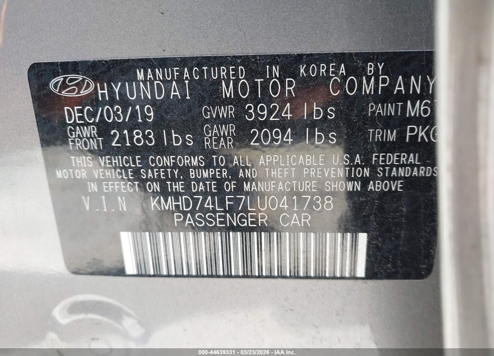 2020 HYUNDAI ELANTRA SE VIN: KMHD74LF7LU041738