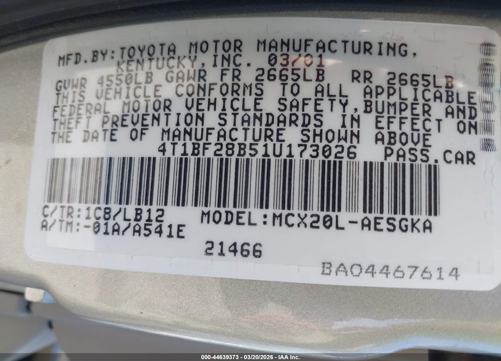 2001 TOYOTA AVALON XLS VIN: 4T1BF28B51U173026