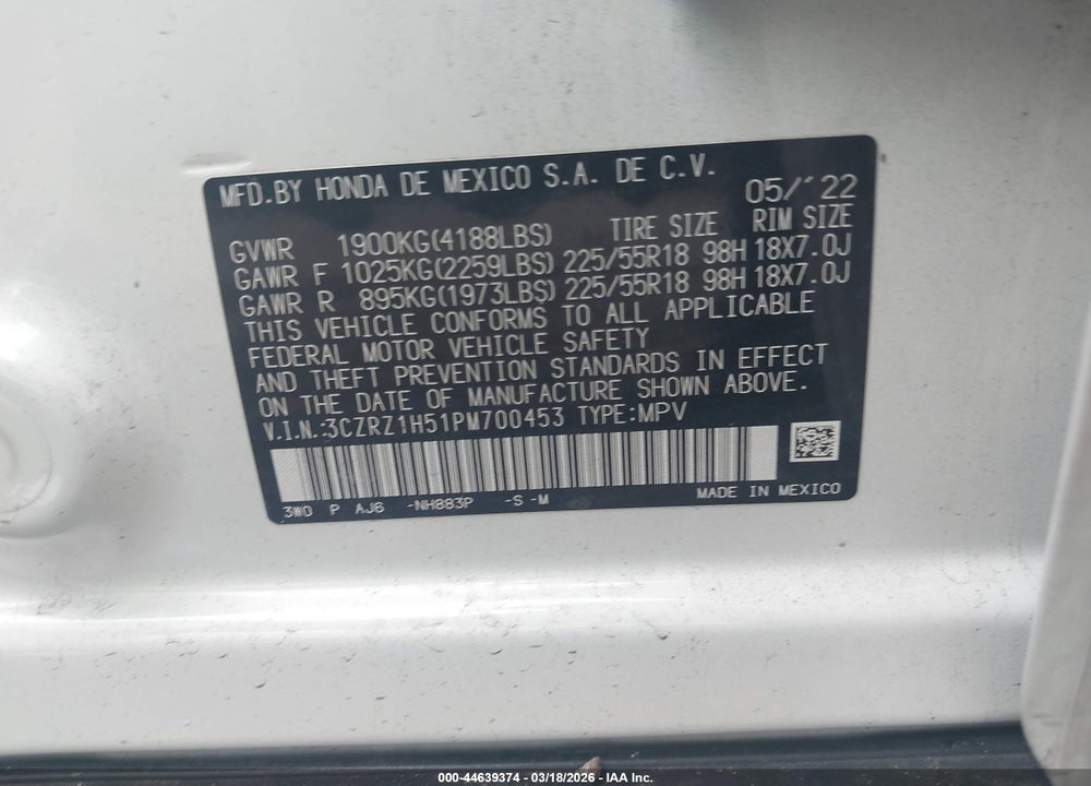 2023 HONDA HR-V 2WD SPORT VIN: 3CZRZ1H51PM700453