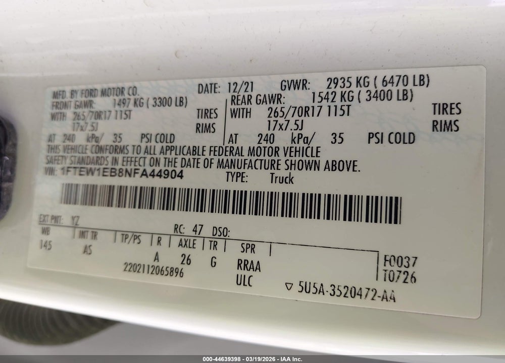2022 FORD F-150 XL VIN: 1FTEW1EB8NFA44904