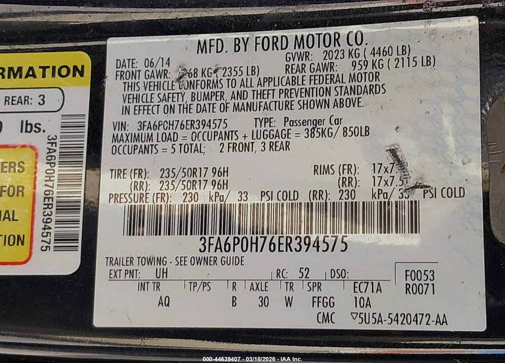 2014 FORD FUSION SE VIN: 3FA6P0H76ER394575