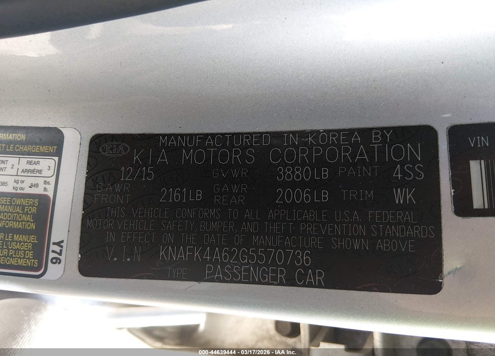 2016 KIA FORTE LX VIN: KNAFK4A62G5570736
