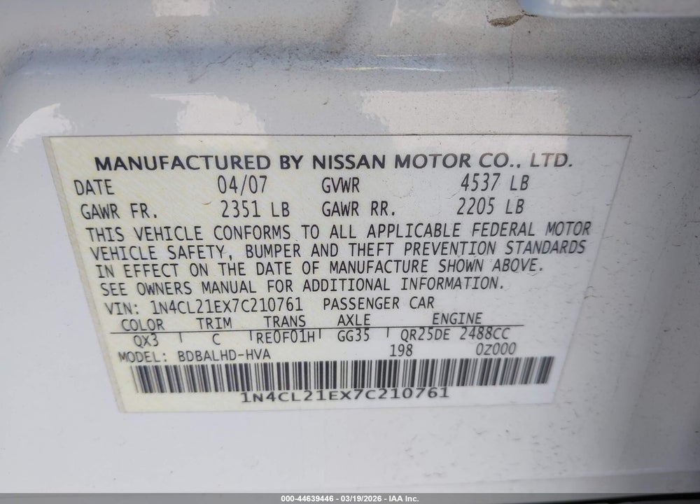 2007 NISSAN ALTIMA HYBRID VIN: 1N4CL21EX7C210761