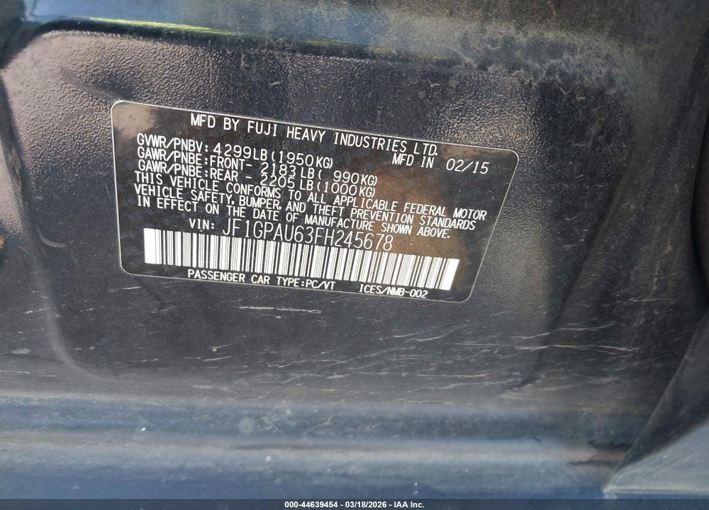 2015 SUBARU IMPREZA 2.0I SPORT PREMIUM VIN: JF1GPAU63FH245678