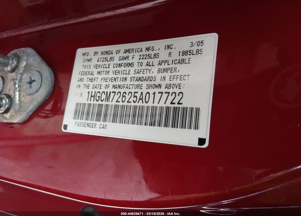 2005 HONDA ACCORD 2.4 EX VIN: 1HGCM72625A017722