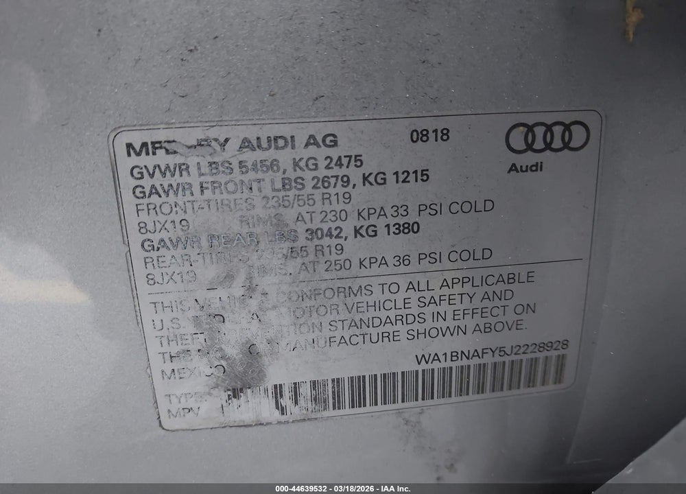 2018 AUDI Q5 2.0T PREMIUM/2.0T TECH PREMIUM VIN: WA1BNAFY5J2228928