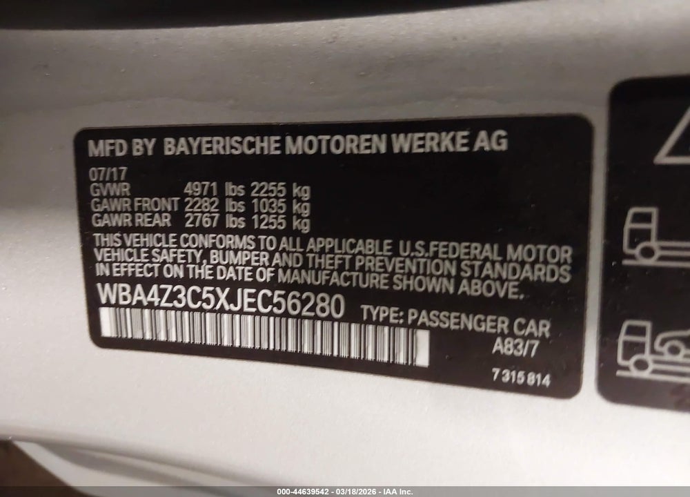 2018 BMW 430I XDRIVE VIN: WBA4Z3C5XJEC56280
