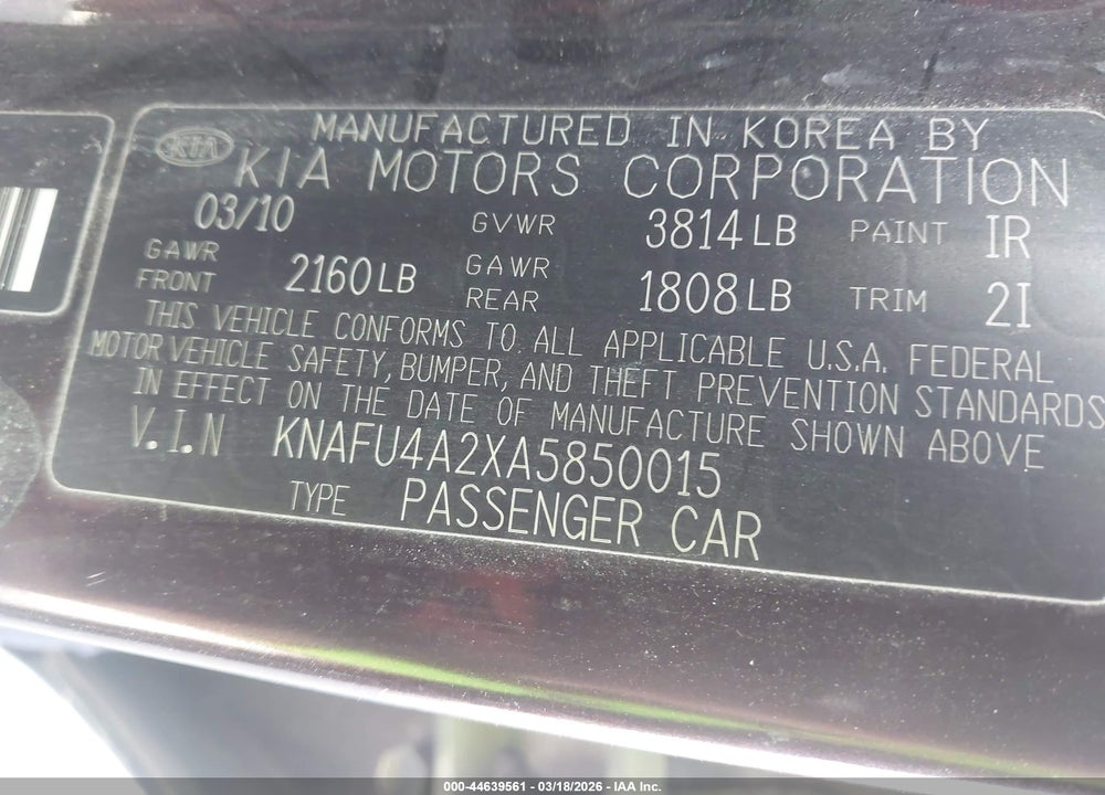 2010 KIA FORTE EX VIN: KNAFU4A2XA5850015