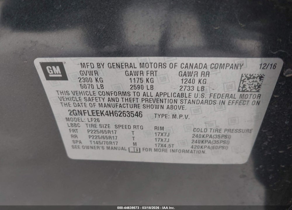 2017 CHEVROLET EQUINOX LS VIN: 2GNFLEEK4H6263546