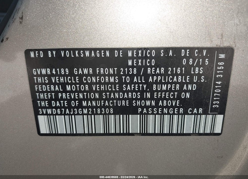 2016 VOLKSWAGEN JETTA 1.4T SE VIN: 3VWD67AJ3GM218308