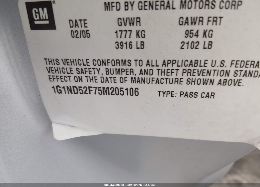 2005 CHEVROLET CLASSIC VIN: 1G1ND52F75M205106