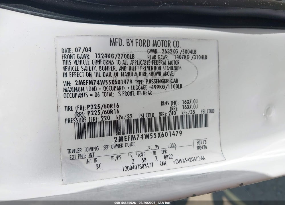 2005 MERCURY GRAND MARQUIS GS VIN: 2MEFM74W55X601479