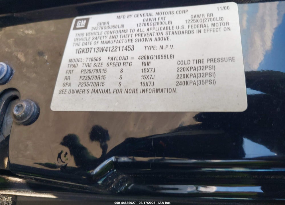 2001 GMC JIMMY SLE VIN: 1GKDT13W412211453