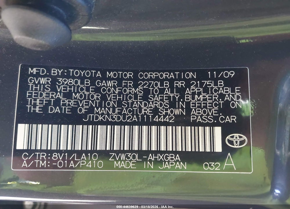 2010 TOYOTA PRIUS IV VIN: JTDKN3DU2A1114442