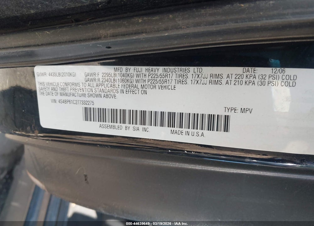 2007 SUBARU OUTBACK 2.5I VIN: 4S4BP61C277332275