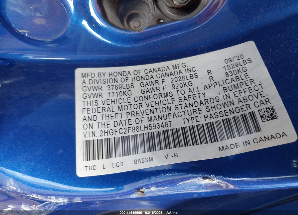 2020 HONDA CIVIC SPORT VIN: 2HGFC2F88LH593487