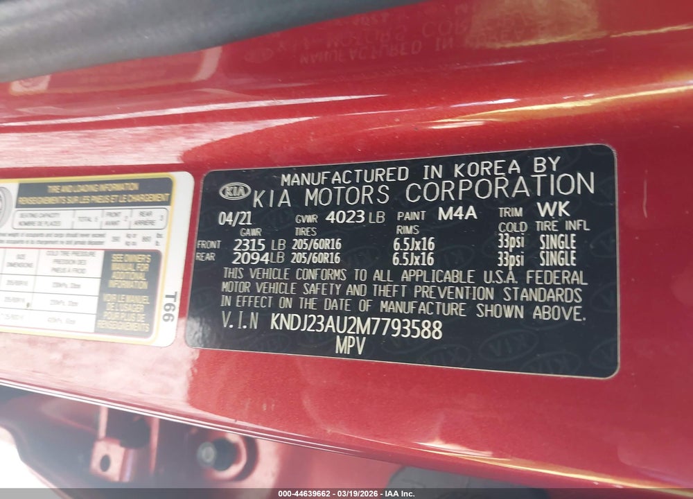 2021 KIA SOUL LX VIN: KNDJ23AU2M7793588