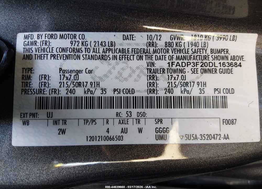 2013 FORD FOCUS SE VIN: 1FADP3F20DL163684